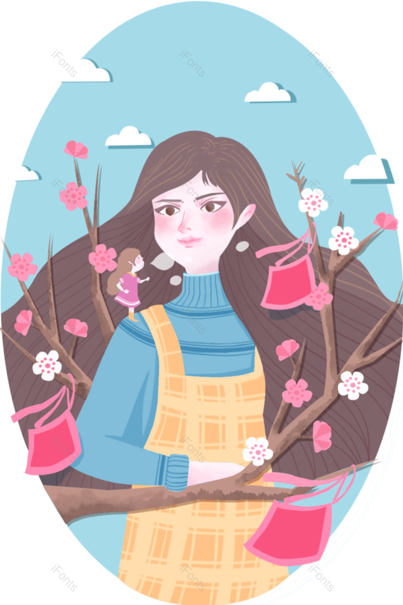 插画图片,女人元素,人物PNG,树枝免抠素材